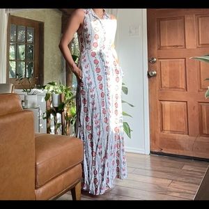 En Creme Striped Floral Rayon Button Up Maxi Dress